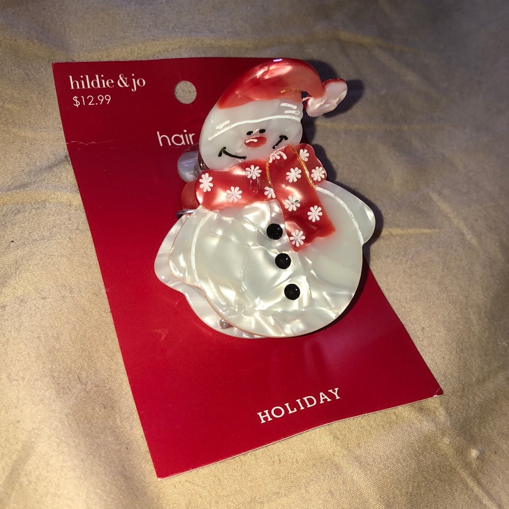 Hildie & Jo Snowman in Red Scarf w/ floral design Claw clip Acrylic pearlescent